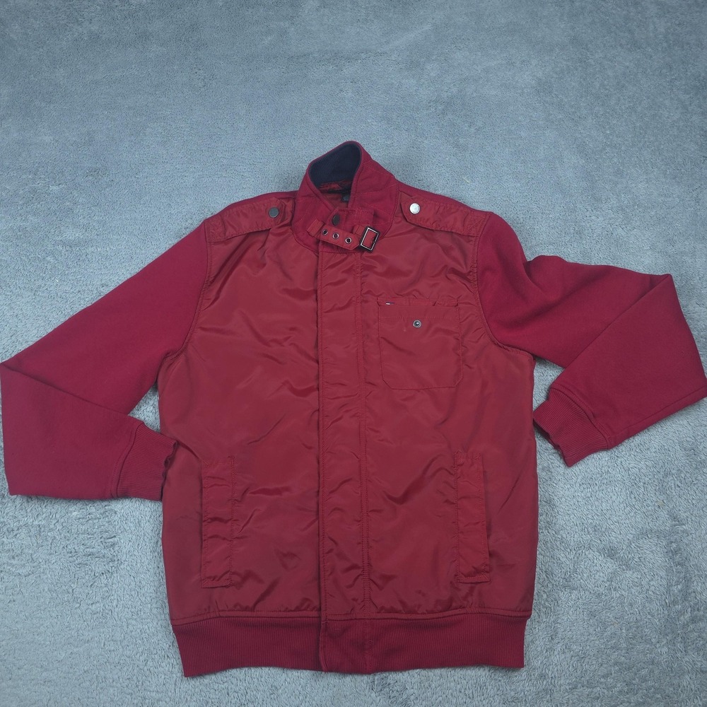 Tommy Hilfiger Jacket Mens Large Red Fleece Lined Full Zip Buckle Collar Bomber